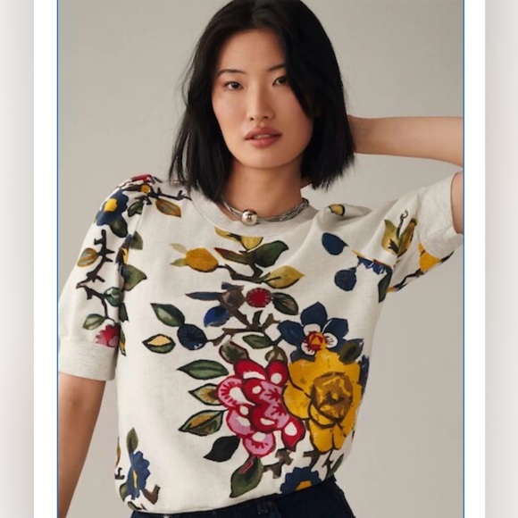 T.la Puff-Sleeved Pullover floral short sleeve sweatshirt sz XS yellow pink gray - Picture 3 of 12